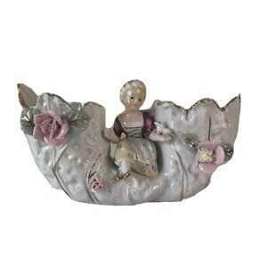 Vintage Bond Ware Double Planter, Lady Holding Bird, Ceramic, Home Decor